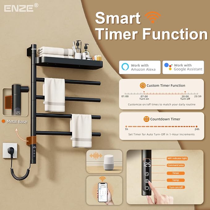 ENZE Smart Rotating Heated Towel Rack for Bathroom, 4-Bar Wall-Mounted Electric Towel Warmer with Swivel Shelf, Wi-Fi App Control, 24H Timer, Stainless Steel, IPX5, Hardwired/Plug-in, Matte Black