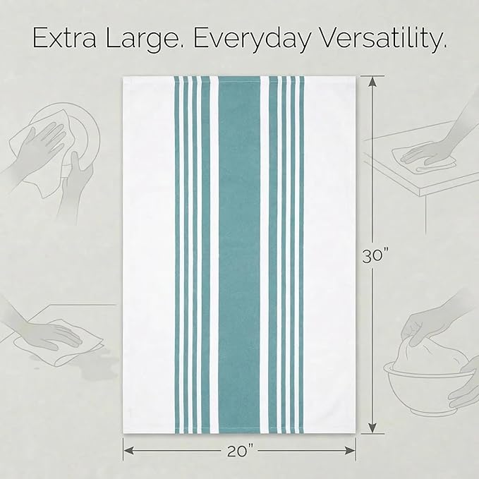 Urban Villa Kitchen Towels 100% Cotton Dish Towels for Kitchen (Set of 6) 20”x30” Dish Cloths Highly Absorbent Kitchen Linen Set with Hanging Loop Perfect for Drying Dishes Cleaning Towels-Aqua White