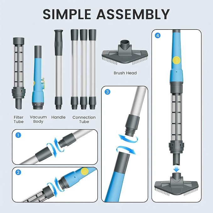 Hot Tub Vacuum - Cordless Pool Vacuum for Above Ground Pool Rechargeable Stick for Fast Sand & Debris Removal in All Pool Types, Spas & Hot Tubs (Blue)