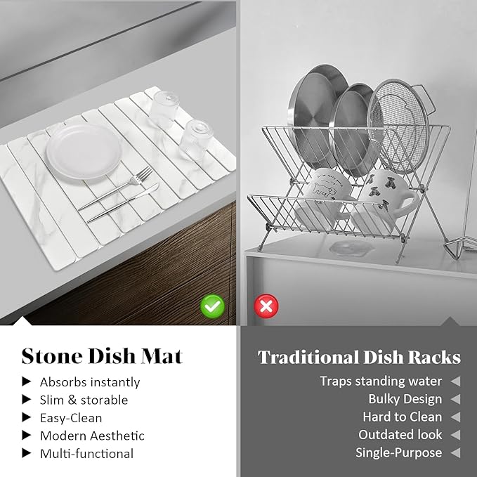 Large Stone Dish Drying Mats for Kitchen Counter, 24"(L)×16"(W) Marble-Pattern Dish Drying Mat, Eco-Friendly Absorbent Diatomaceous Earth Mats for Dishes Bottles, Match Any Countertop