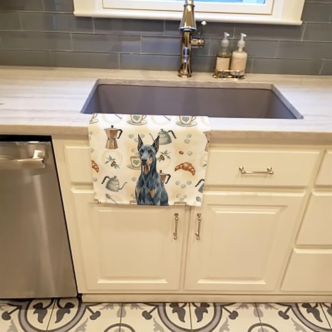 Caroline's Treasures Blue Doberman Pinscher Coffee Bar Kitchen Towel Velour Plush Front and Cotton Loop Back Machine Washable