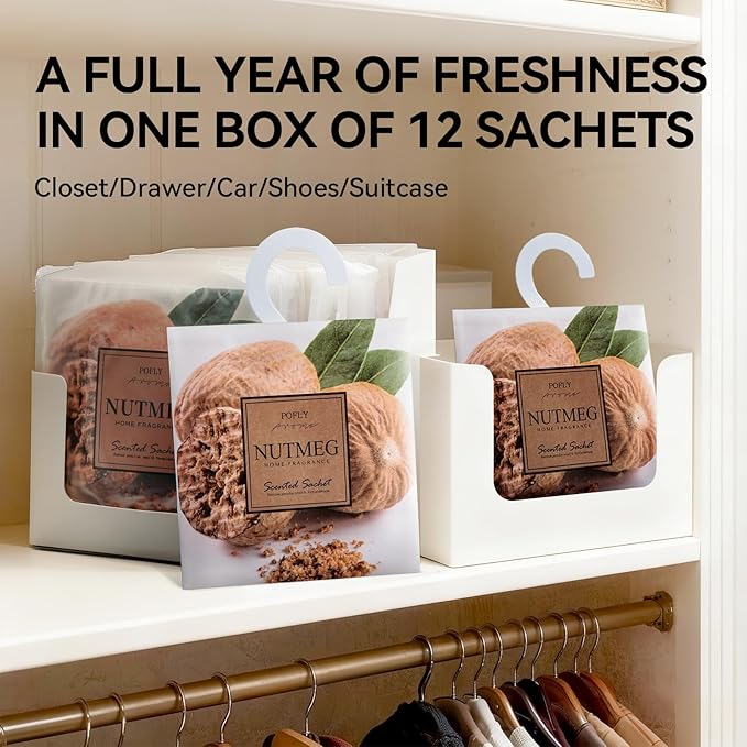 12 Pack Nutmeg Scented Sachets, Long-Lasting Fresh Scent, Air Freshener for Closet & Drawers, Hanging Deodorizer for Home