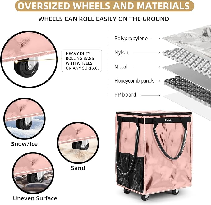 (Medium, Rose Gold) Reusable Grocery Bag on 4 Wheels, 70L Foldable Rolling Tote, Shopping Trolley, Rolling Bag with 3 Handles, Rolling Tote Bag with Wheels for Shopping, Market, Laundry,Moving