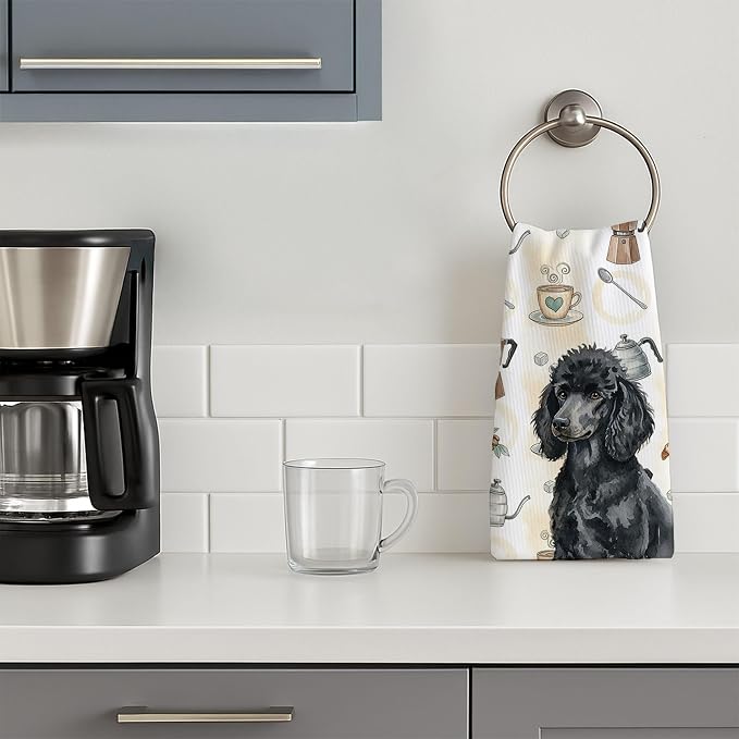 Caroline's Treasures Standard Black Poodle Coffee Bar Kitchen Towel Velour Plush Front and Cotton Loop Back Machine Washable