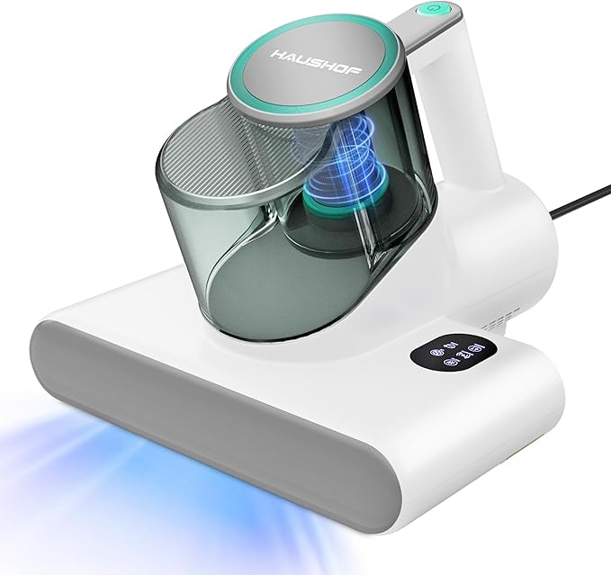 HAUSHOF Mattress Vacuum Cleaner, 16 Kpa Bed Vacuum Cleaner with 275nm UV-C Light, 140°F Heat, Ultrasonic, HEPA Filter, Dual Dust Cups, Versatile Handheld Vacuums for Bed, Sofa, Couch, Crib