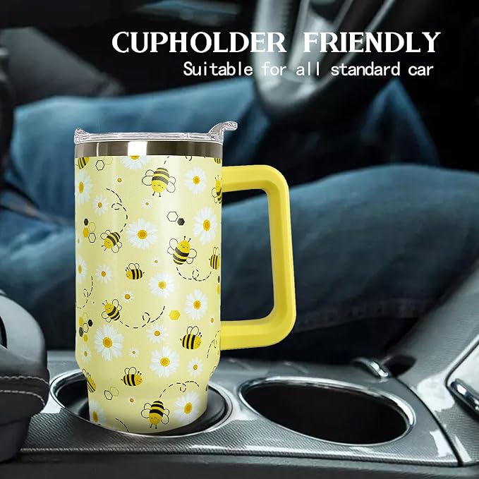 Ceovfoi 40oz Bee tumbler With Handle Lid and Straw,Coffee Mug Cup Skinny Tumbler Water Bottles,Honey themed Gifts for Women Daisy Flowers,Bee Decor