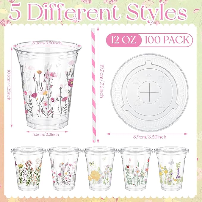 FoldTier 100 Pcs Wildflower Cups Plastic with Lids and Straws 12 oz Disposable Floral Drinking Cups for Tea Party Wedding Love in Bloom Baby Shower Bridal Shower Wild Flower Graduation Supplies