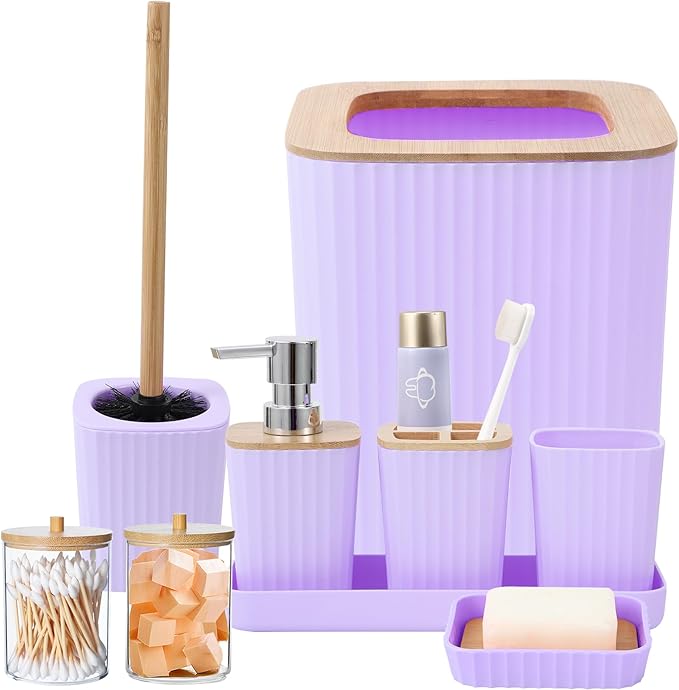 XLHOMO Purple Bathroom Accessory Set, Light Purple Bathroom Set with Trash Can, Tray, Toothbrush Holder,Toothbrush Cup,Soap Dispenser,Soap Dish,Toilet Brush and Qtip Holders