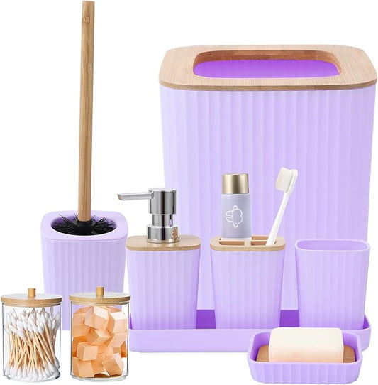 XLHOMO Purple Bathroom Accessory Set, Light Purple Bathroom Set with Trash Can, Tray, Toothbrush Holder,Toothbrush Cup,Soap Dispenser,Soap Dish,Toilet Brush and Qtip Holders
