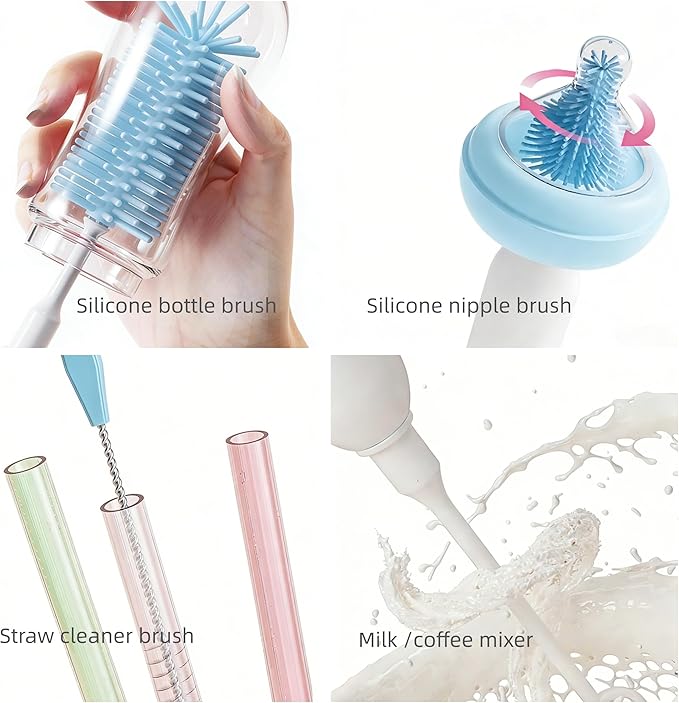 Portable Electric Silicone Bottle Brush Set, 7-in-1 UV Light USB Charging, Nipple/Straw Cleaner, Milk Mixer, Built-in Drying Rack & Storage Case, BPA-Free, IPX7, On-the-Go for New Parents (Sky)