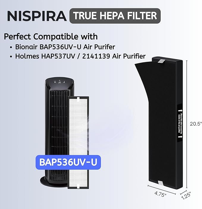 Nispira 4-Set 182550 Filter Replacement Compatible with Bionaire BAP536UV-U Holmes HAP537UV / 2141139 Air Purifier, 4 HEPA 16 Pre Filters