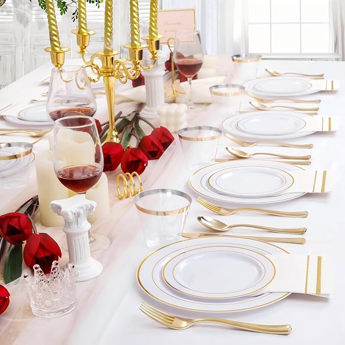 GATHER 700PCS Gold Plastic Plates - Whtie and Gold Disposable Dinnerware Sets 100Guest - 200 Disposable Plate, 300 Plastic Silverware, 100 Cups, 100 Napkins for Wedding & Party