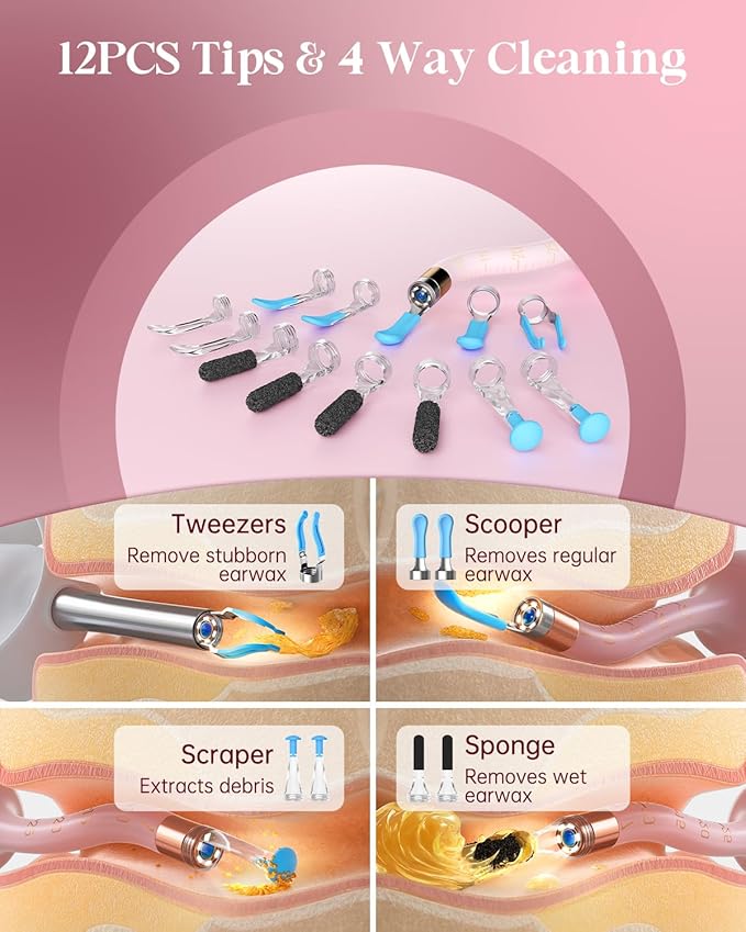 Ear Wax Removal Tool Camera, Ear Cleaning Kit with Flexible Visual Ear Camera Otoscope, Portable Wireless Painless Ear Cleaner with Earwax Remover Tweezers for Adults Kids Pets(Pink)