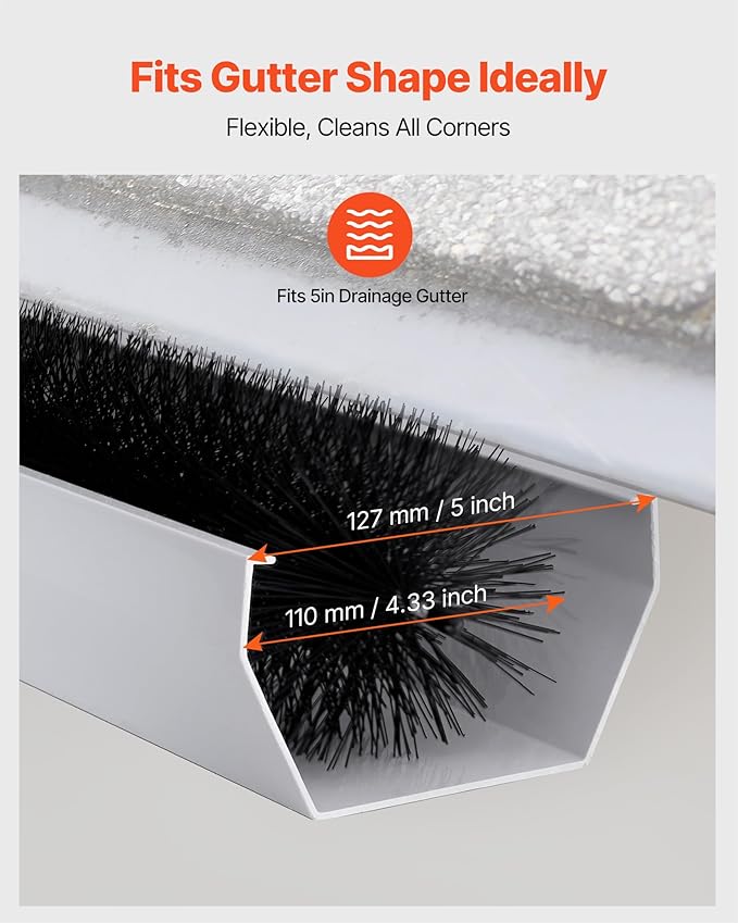 VEVOR Gutter Brush, 4.33 inch Diameter 15 Feet Total Length Gutter Cleaning Tools, Ground-Level Brush Leaf Guard for 5 Inch Gutters, Easily Clear Roof Leaves and Debris, 5 Pack