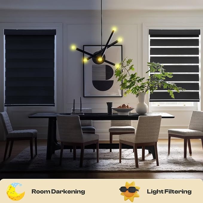 MYshade Roller Shades Zebra Blinds for Indoor Windows Cordless Day and Night Light Filtering Dual Layer Roller Window Blinds & Shades, Easy to Install, Size 29" W x 50" H, Black
