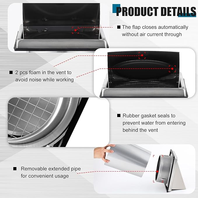 Gisafai 6 Inch Outside Hooded Wall Vent Stainless Steel Exhaust Vent Cover Cap with Extension Pipe Grille Screen Backdraft Damper for Range Hood Whole House Fans and Commercial Ventilation Systems