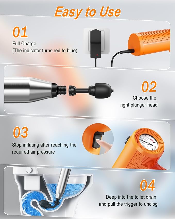 Ublue Electric Toilet Plunger, 4 in 1 High Pressure Toilet Unclogger with Multi-Purpose Heads & Automatic Inflation, Heavy Duty Drain Clog Remover for Bathroom, Washbasin and Floor Drain