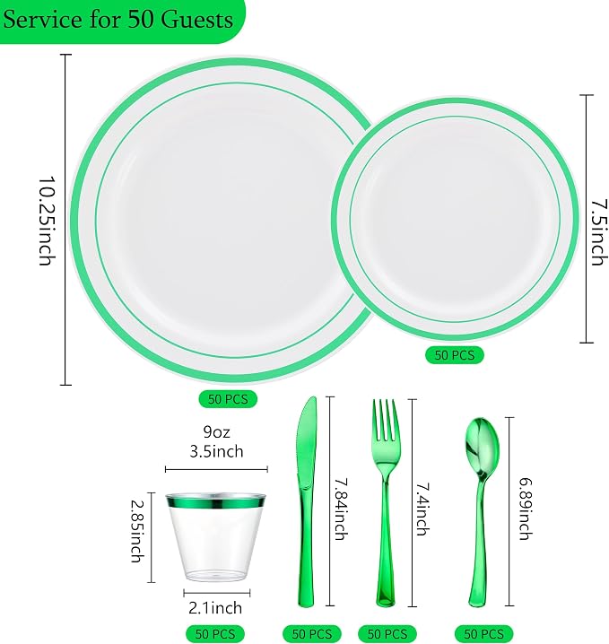 300PCS Green Dinnerware Set, 50 Guests White and Green Plastic Plates, Fancy Plastic Plate-50 Dinner Platos, 50 Dessert Platos, 50 Silverware Set, 50 Cups for Party Wedding