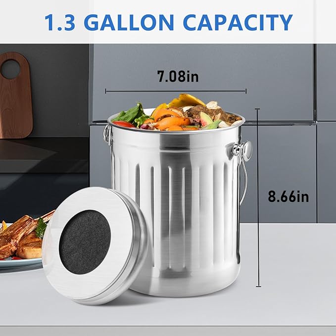 ENLOY Compost Bin for Kitchen Countertop, 1.3 Gallon Stainless Steel Indoor Compost Bucket for Kitchen Countertop Odorless Compost Pail for Kitchen Food Waste with Carrying Handle Easy to Clean