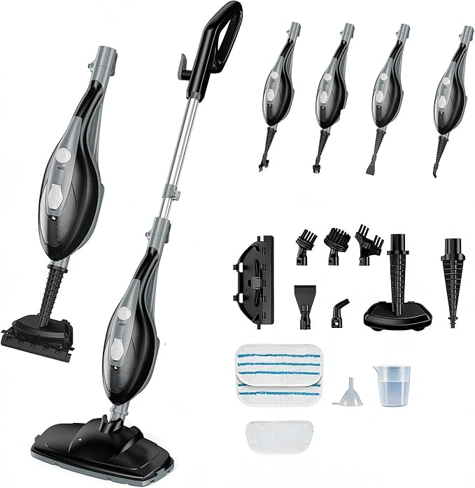 12 in 1 Steam Mop, Handheld Steam Cleaner with 2 Washable Pads, Floor Steamer for Hardwood and Tile, Multipurpose Floor Cleaner Machine for Carpets, Furniture, Windows, Black and Grey