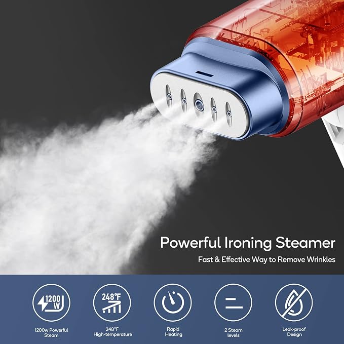 Newbealer Steamer for Clothes, 2 Steam Levels & Dry Iron, 120V Only (Blue) | Foldable & 20s Fast Heat, 360°Anti-Spill, 1200W 180ml Handheld Fabric Wrinkle Remover, 1.5 lbs Compact Size for Trip/Home