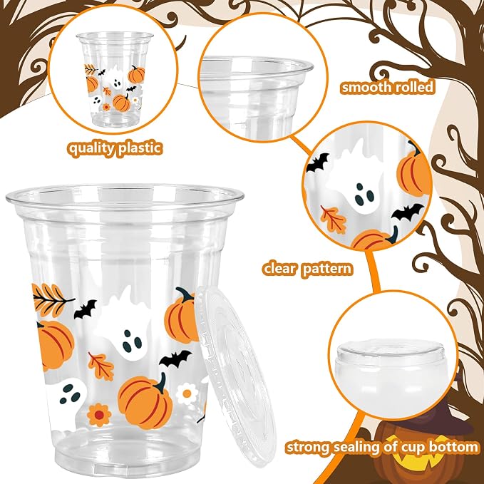 Whaline 50Pcs 12Oz Halloween Plastic Cups with Lids & Straws Pumpkin Ghost Disposable Clear Drinking Cups with Black Ribbon for Birthday Party Supplies