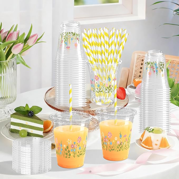 50 Sets Flower Daisy Plastic Cups 12 oz Floral Disposable Cups Spring Daisy Party Favor Drinking Beverage Cup for Baby Shower Birthday Party Supplies
