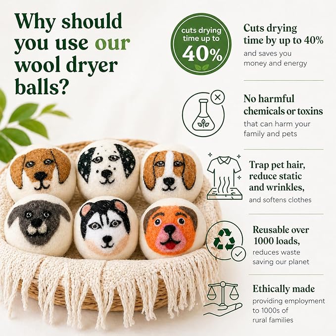 Wool Dryer Balls XL 6-Pack – Organic Wool Dryer Balls for Laundry Reusable, Natural Fabric Softener, Reduces Drying Time, Static, Wrinkles & Laundry Clumping