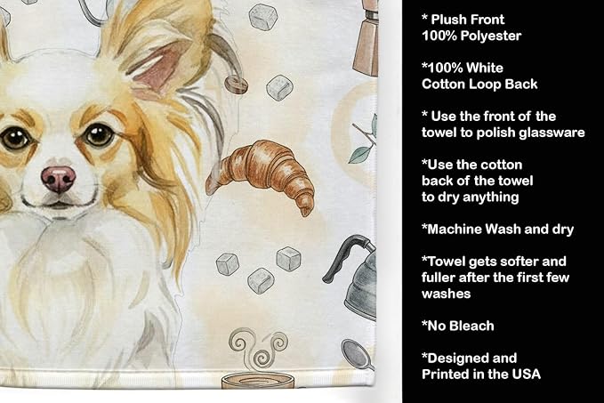Caroline's Treasures Lemon and White Papillon Coffee Bar Kitchen Towel Velour Plush Front and Cotton Loop Back Machine Washable