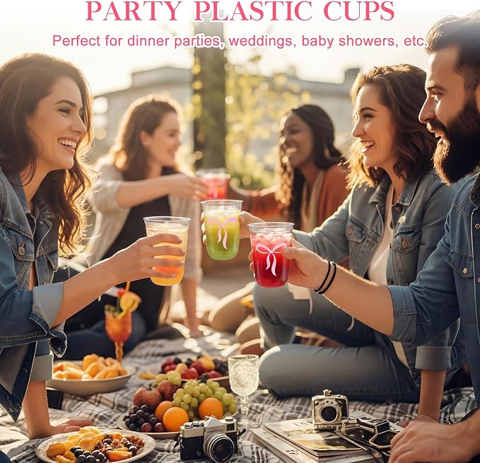 Ziliny 50 Pcs 16oz Cute Pink Bow Cups Birthday Party Decorations Supplies Disposable Plastic Cups for Bachelorette Party Valentines Galentines Day Christmas Wedding Baby Shower
