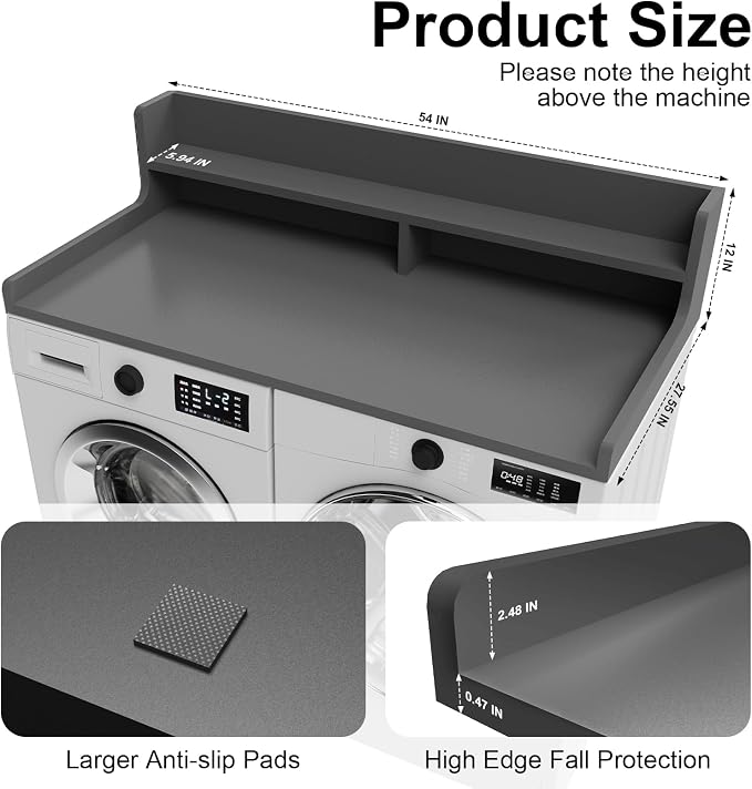 Washer Dryer Countertop, 54" x 27.55" 2-Tier Washer Dryer Topper with Edge, for Laundry Room Organization Gray