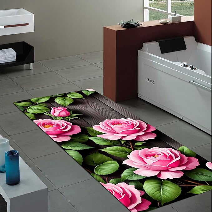 WODEJIA Non Slip Bath Rugs Sponge Foam for Bathroom,Flannel Mat Rug for Living Room, Absorbent MatS for Forlaundry Room and Kitchen,Wooden Board Flower Pattern Welcome Mat 47x18 Inches