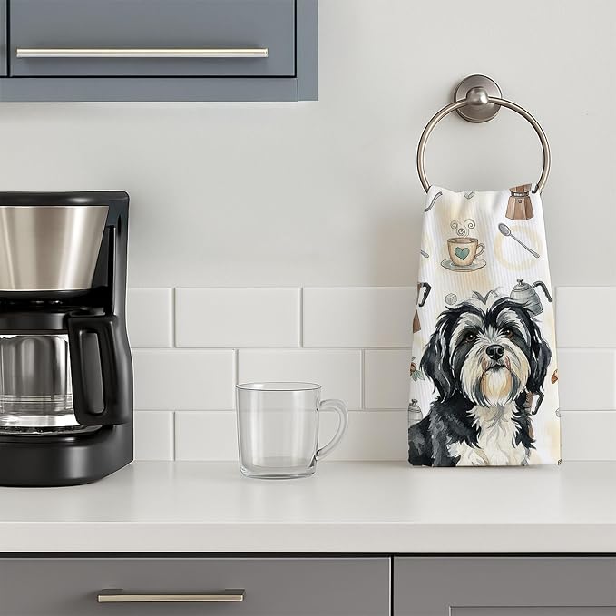 Caroline's Treasures Black and White Tibetan Terrier Coffee Bar Kitchen Towel Velour Plush Front and Cotton Loop Back Machine Washable