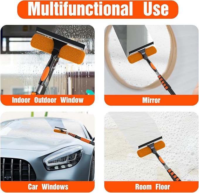 LAANPOLE 30FT Window Squeegee with Extension Pole, 2-in-1 Squeegee for Window Cleaning, Professional Cleaning Kit for Home with 24FT Telescoping Pole for Outdoor Indoor Use