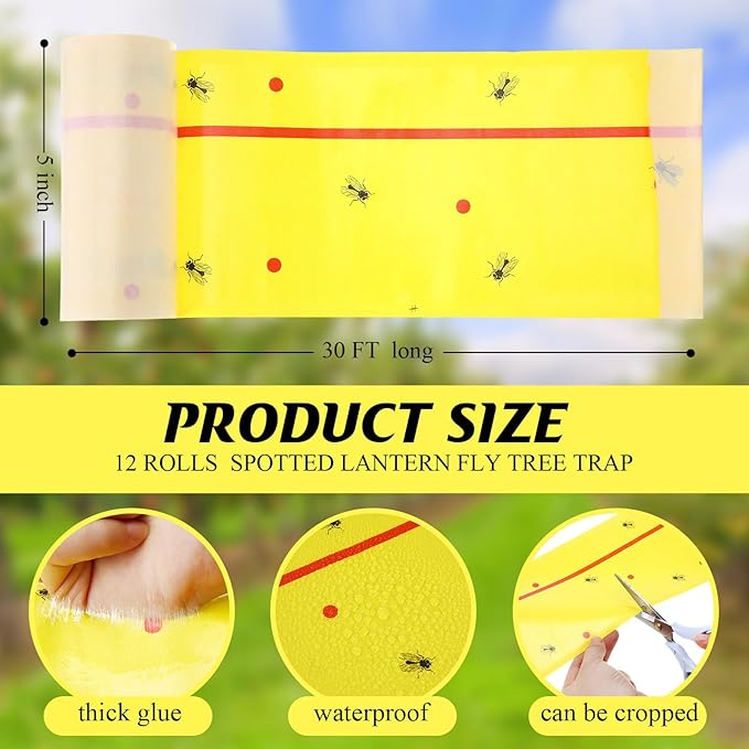 12 Rolls (30 Feet Each) Spotted Lantern Fly Tree Trap Outdoor Fruit Fly Sticky Strips Paper Ant Insect Sticky Barrier Tree Trunk Wraps to Protect Trees Plants, Lawn, Garden(Yellow and Red)