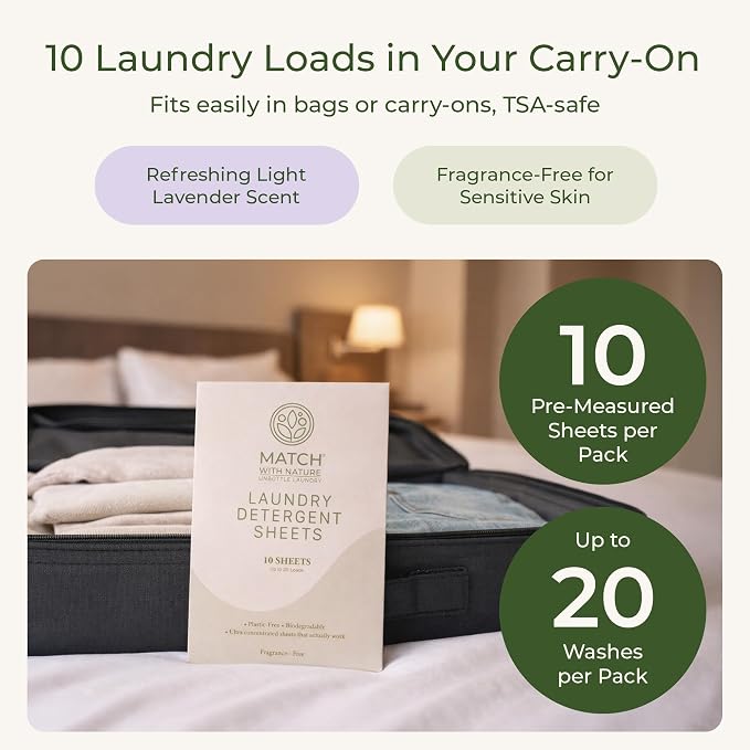 Travel Laundry Detergent Sheets – 2-Pack, 10 Pre-Measured Loads, Dissolves Completely – Plastic-Free, Biodegradable Formula – Machine-Ready, TSA Carry-On Friendly – Fragrance-Free