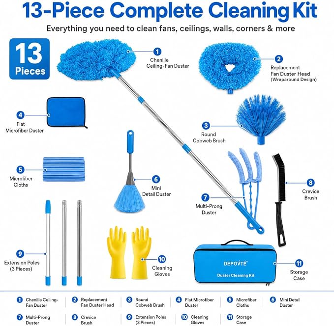 Ceiling Fan Cleaner Duster Kit 72 Inch Ceiling Fan Duster Extension Pole 8-in-1 Microfiber Duster Set for High Ceilings, Fan Blades, and Lights Reusable Cleaning Tools with Storage Bag