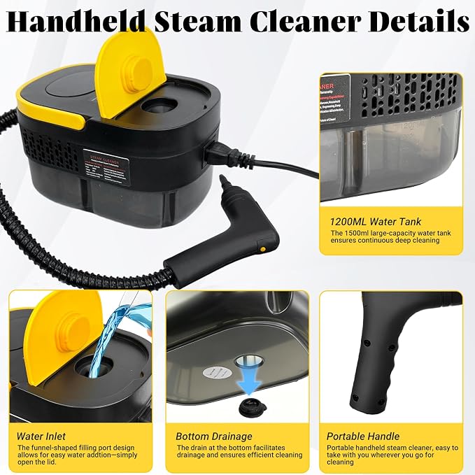 Steam Cleaner, 2500W Portable Handheld Steamer for Cleaning, Large Capacity Tank Pressurized Steam Cleaning Machine for Home, Car, Bathroom, Kitchen, Furniture, Grout, Floor, Tile (Yellow)