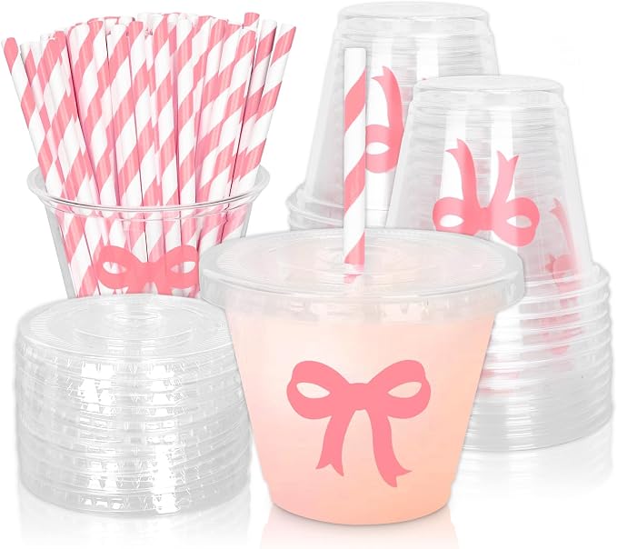Whaline 100 Pcs Pink Bow Disposable Plastic Cups with Lids and Straws 9 Oz Coquette Bow Knot Cold Beverage Drinking Cup for Wedding Birthday Bridal Baby Shower Party Supplies