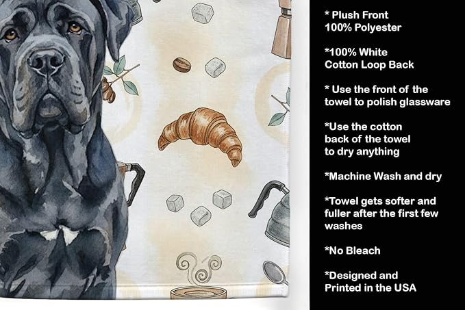 Caroline's Treasures Black Neapolitan Mastiff Coffee Bar Kitchen Towel Velour Plush Front and Cotton Loop Back Machine Washable
