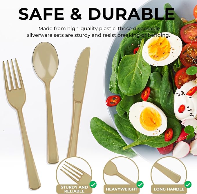 150 PCS Plastic Silverware Disposable Silverware Heavy Duty Utensil Sets 50 Of Each Forks Knives & Spoons Disposable Cutlery Set For Easter,Birthday,Baby Shower,Garden Party,Wedding(150,Gold)