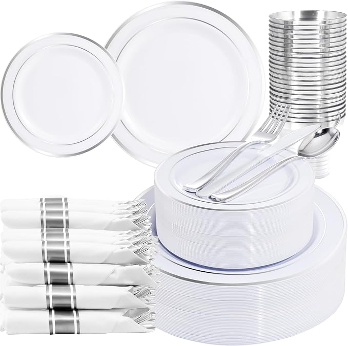 WELLIFE 210 Piece Silver Plastic Dinnerware Set for 30 Guests, Include: 30 Dinner Plates, 30 Dessert Plates, 30 Pre Rolled Napkins with Silverware and 30 Silver Cups