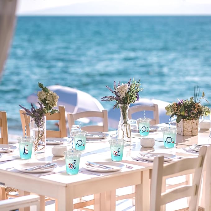 50 Sets Ocean Plastic Cups with Lids Straws 12 oz Blue Starfish Seashell Bow Disposable Cups Clear Under The Sea Drinking Cold Beverage Cup for Summer Beach Party Supplies