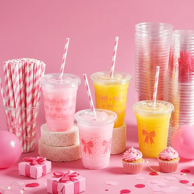Yaomiao 100 Pcs Pink Bow Plastic Cups 12oz Disposable Clear Pink Plastic Cups with Lids and Straw Cute Bow Cup Bulk Birthday Wedding Party Favors Supplies for Cold Beverage