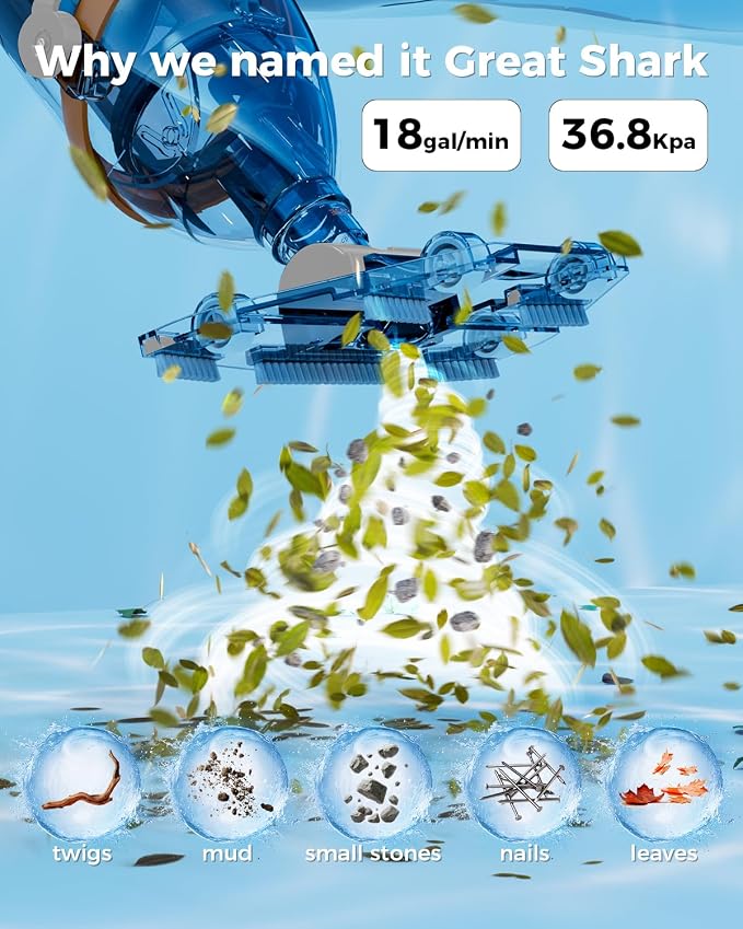 Great Shark Cordless Pool Vacuum with Remote Power Switch, 1.8m Telescopic Pole, 75 Min Runtime, 18 GPM Suction, Handheld Pool Vacuum for Above Ground & Inground Pools, Spa & Hot Tub