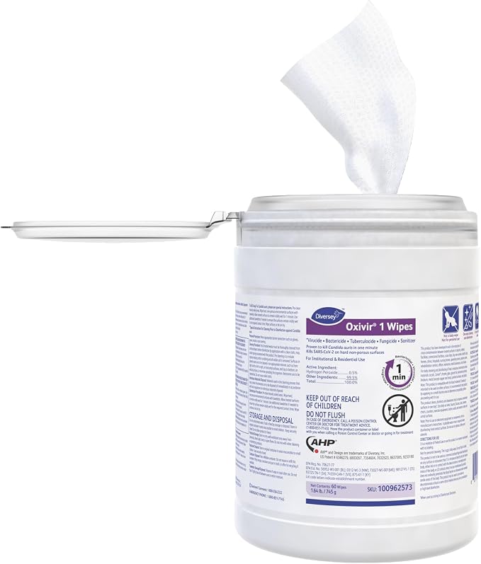 Oxivir Diversey 1 Disinfectant Wipes, AHP Hydrogen Peroxide Cleaner, Multi-Surface Cleaner for Home & Commercial Use, Large Wipes, 60 Count Canister, Case of 12