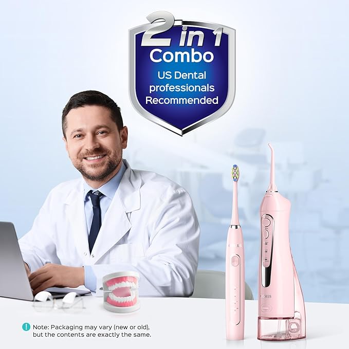 COSLUS C20 & C41 Portable Water Flosser with Electric Toothbrush Combo: 2-in-1 Oral Clean Kit for Teeth, Braces, Gums Care - Brushing & Flossing for Adults, Family, Travel Use, BPA-Free, Pink