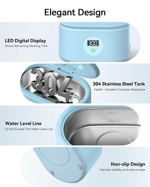 Ultrasonic Cleaner, 48KHz Ultrasonic Jewelry Cleaner with 20oz 304 Stainless Steel Tank, Dual Modes & LED Display - for Jewelry, Eyeglasses, Watches, Dentures, Retainers & More-Light Blue