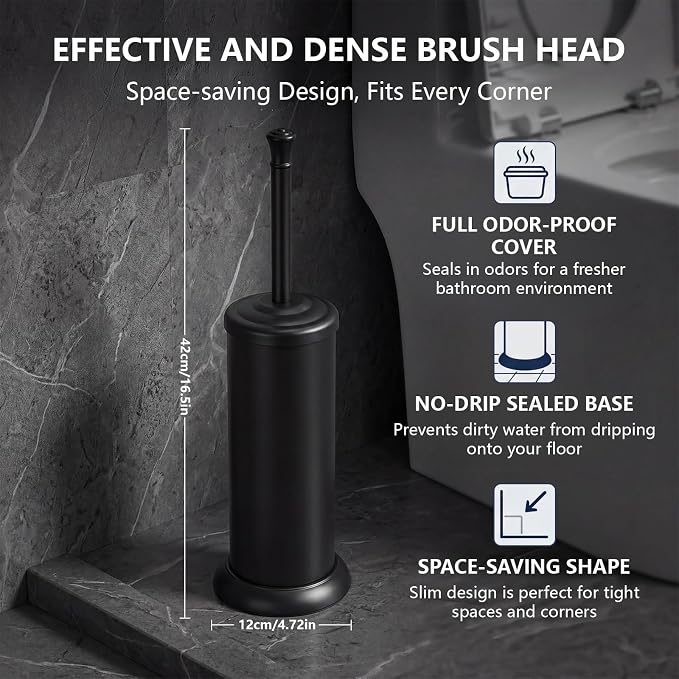 Toilet Brush and Holder Set,304 Stainless Steel Heavy Duty Toilet Brush,Extra Long Handle Toilet Bowl Brush and Holder for Bathroom,Durable,Deep Cleaning,Extra Dense Bristles (Black)