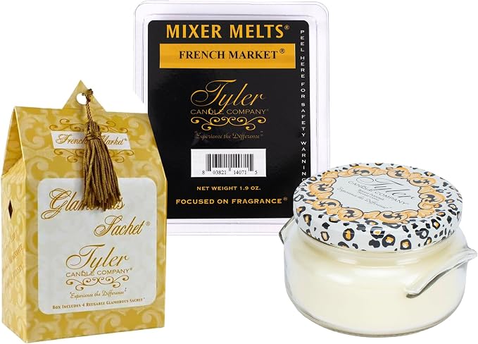 Elanze Designs Tyler Candle French Market Mixer Melts - 22 Ounce Glass Jar Candle - Laundry Scented Sachet Bundle; Set of 3